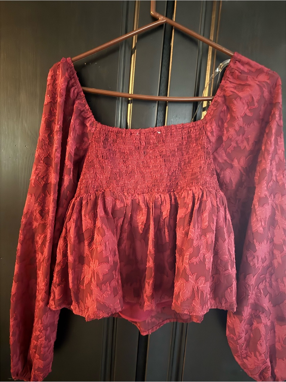 Altar'd State Burgundy Textured Smocked Peplum Blouse